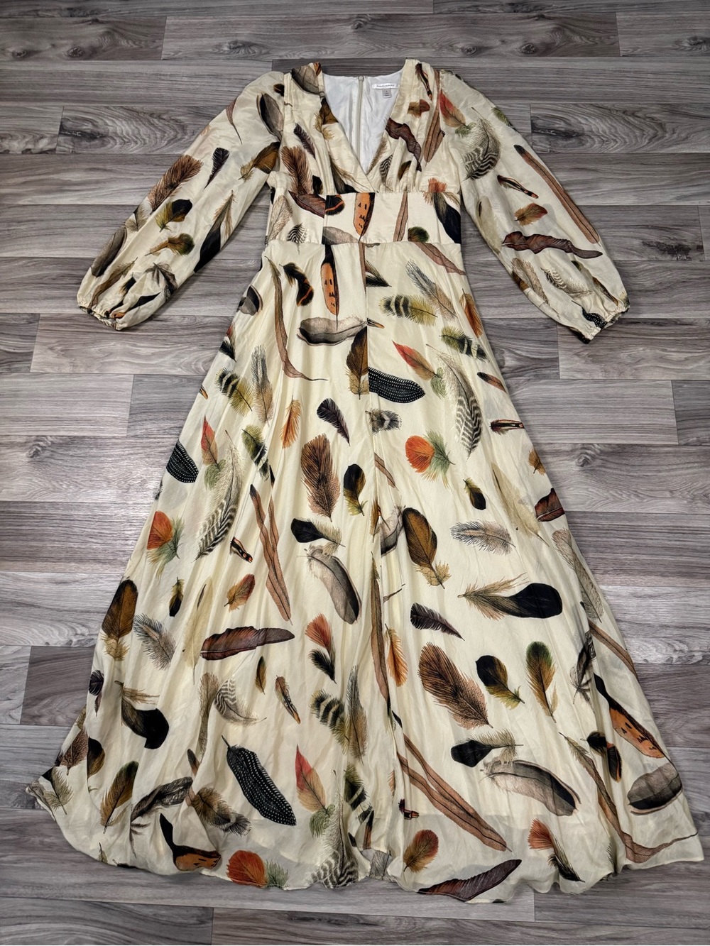 Banana Republic Marta Cotton-Silk Maxi Long Sleeve Dress in Feather Print Size 8
